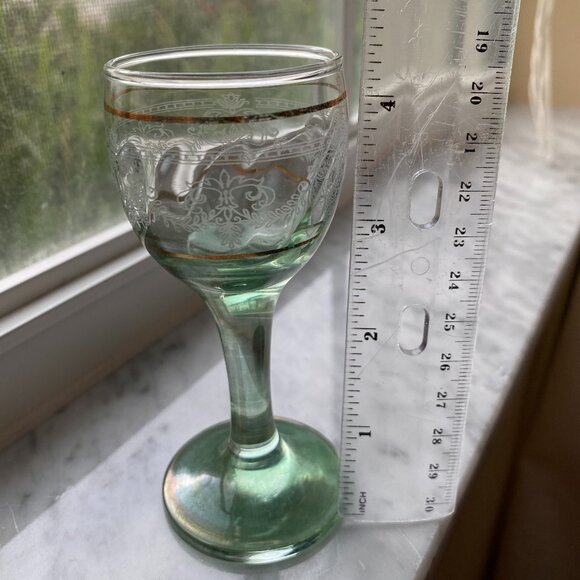 Crystal Etched Filagree Motif Clear Green & Gold Vintage Cordial Stemed Glass - Picture 2 of 6